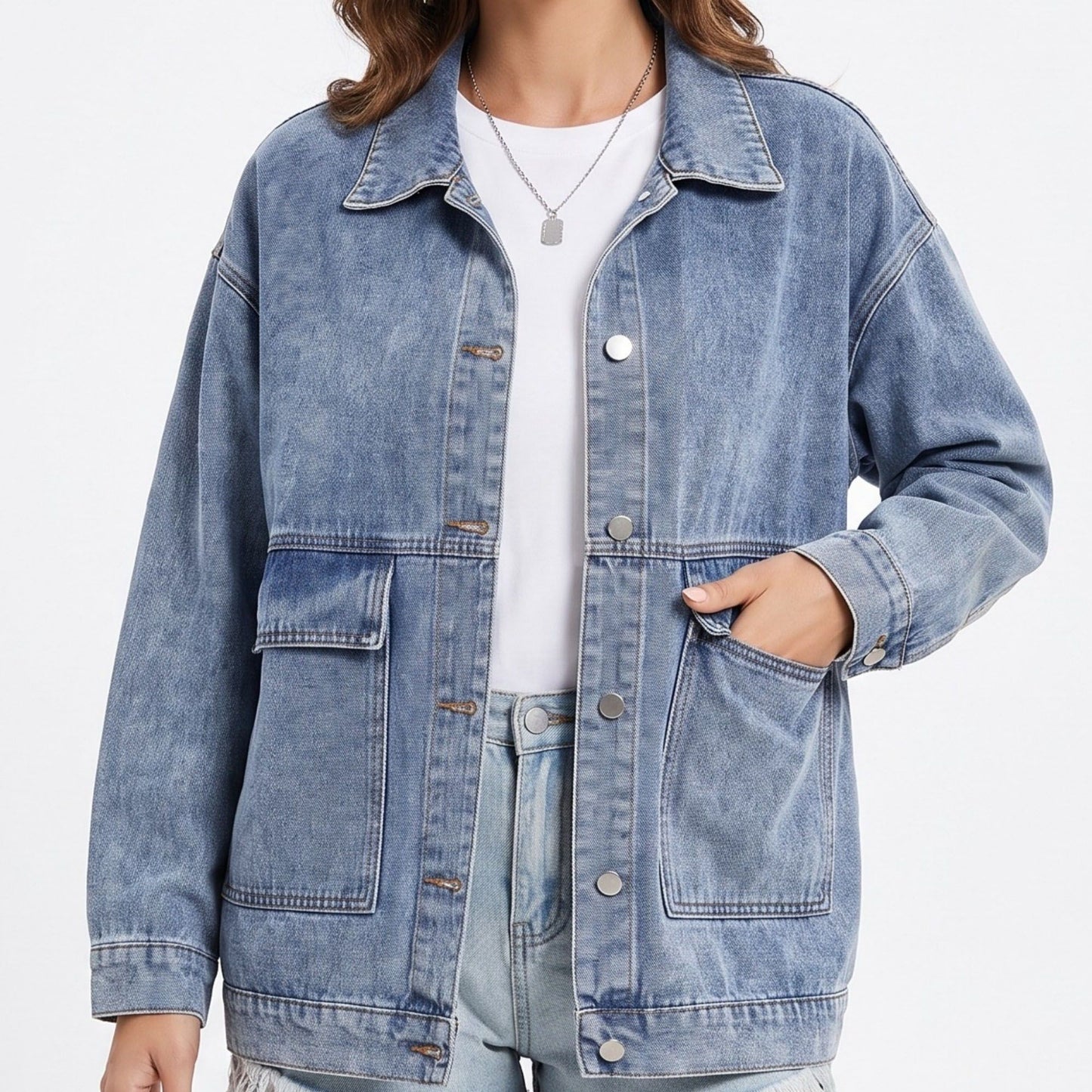 Oversized Denim Jacket Button Front Long Sleeve Jean Jacket With Patch Pockets