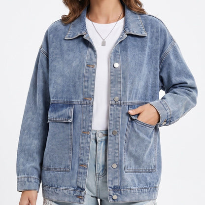 Oversized Denim Jacket Button Front Long Sleeve Jean Jacket With Patch Pockets