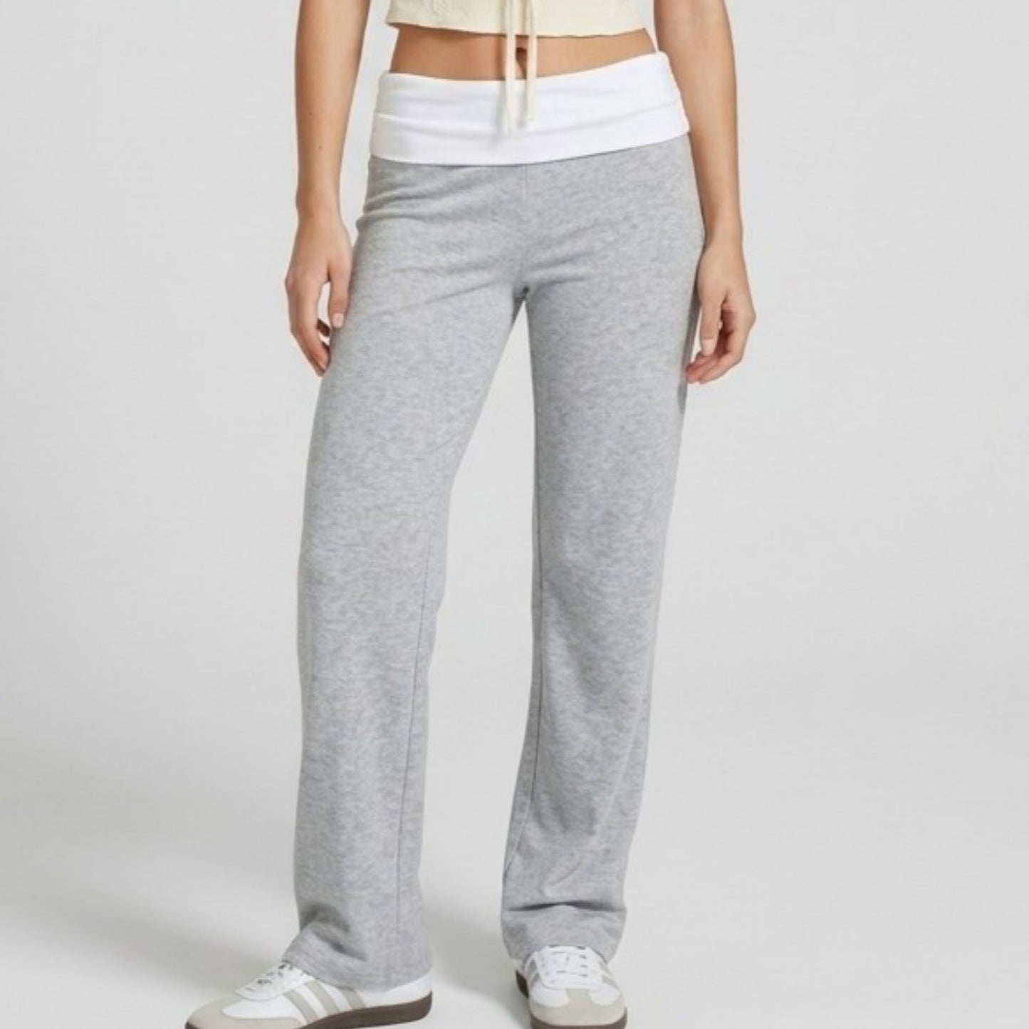 Contrast Foldover Waistband Full-Length Wide-Leg Trousers
