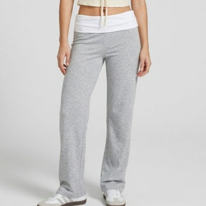 Contrast Foldover Waistband Full-Length Wide-Leg Trousers