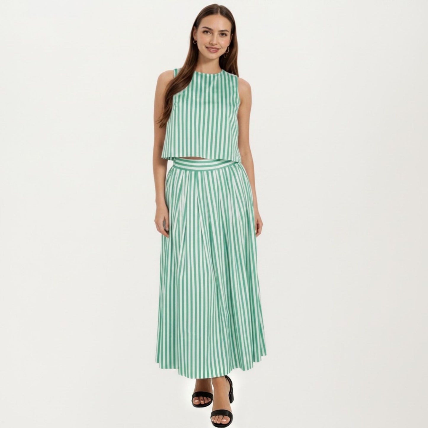 Sleeveless Striped Two Piece Set Crop Top and Midi Skirt with Back Button Detail Flowy High Waist Set