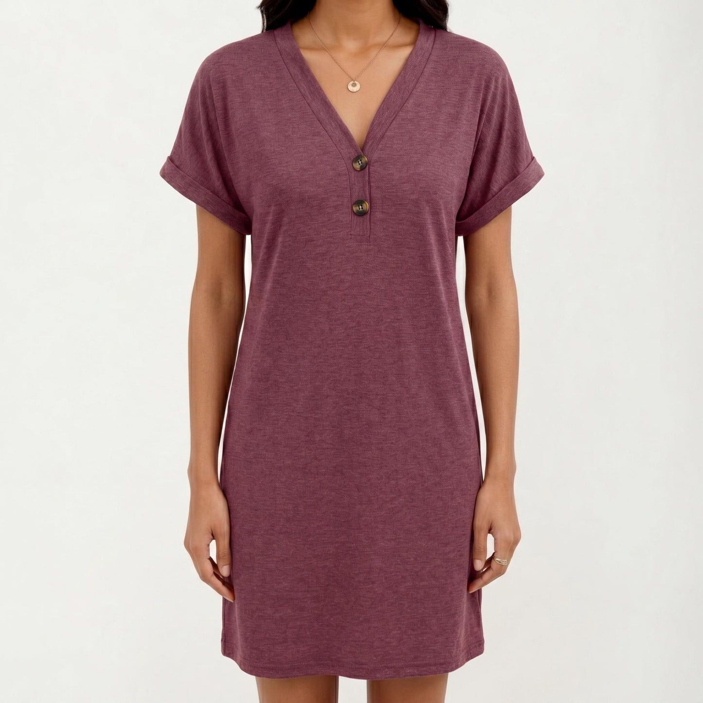 Short Sleeve V Neck Shift Dress with Button Detail Relaxed Fit Casual Tunic Dress