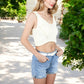 Ribbed Knit Crop Top with V-Neck and Eyelet Detailing