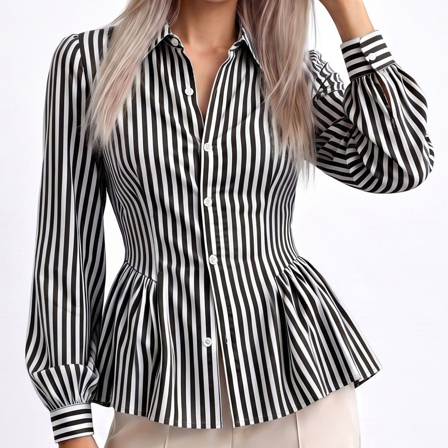 Striped Long Sleeve Button Down Peplum Shirt with Collared Neckline