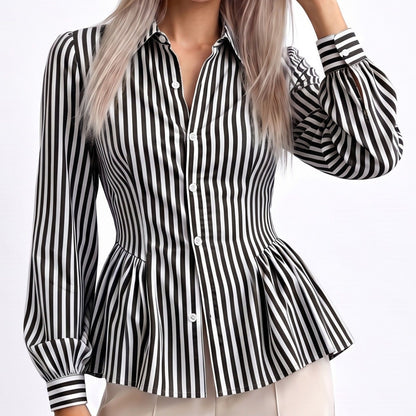 Striped Long Sleeve Button Down Peplum Shirt with Collared Neckline