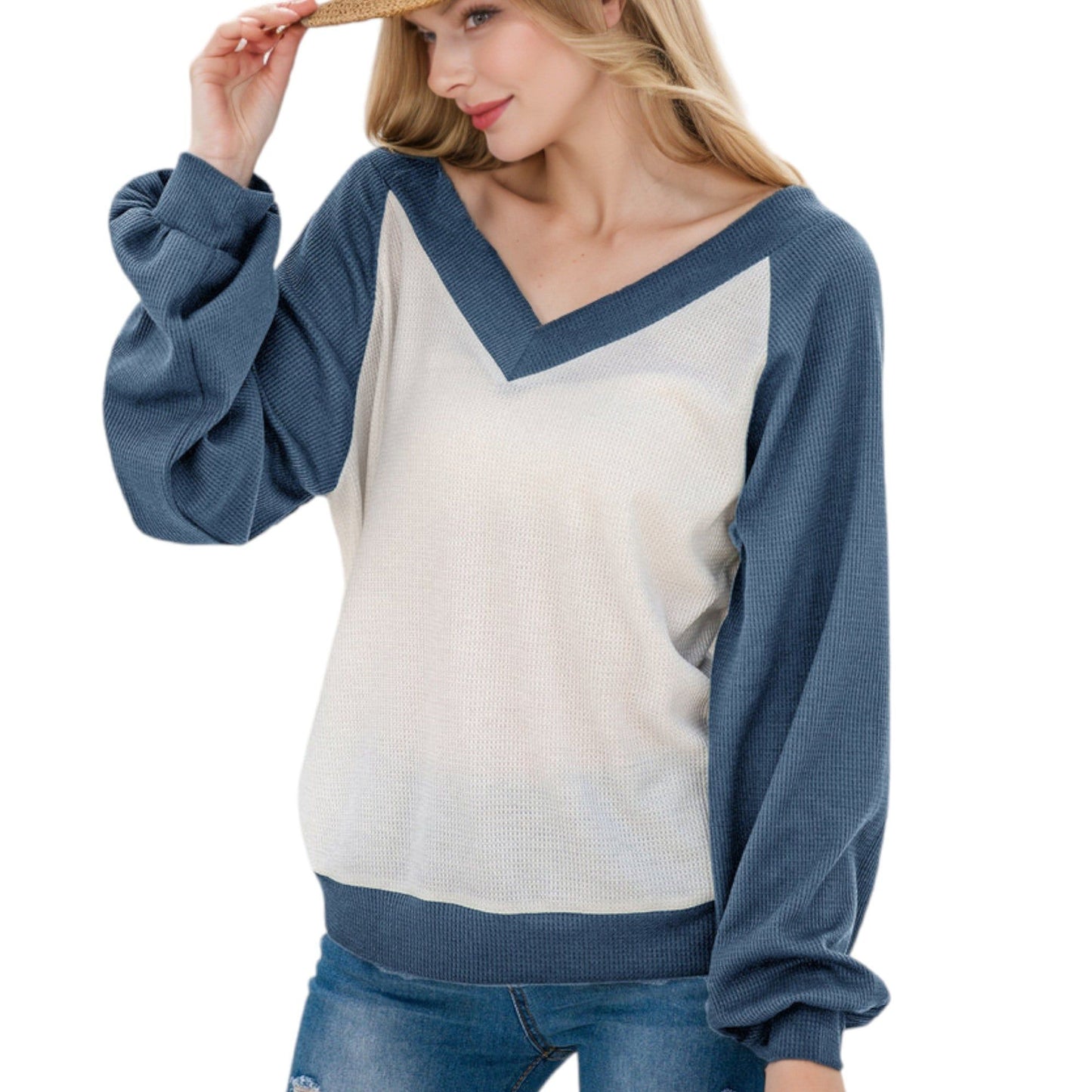 Springtime Waffle Long Sleeve Contrast Pullover Blouse