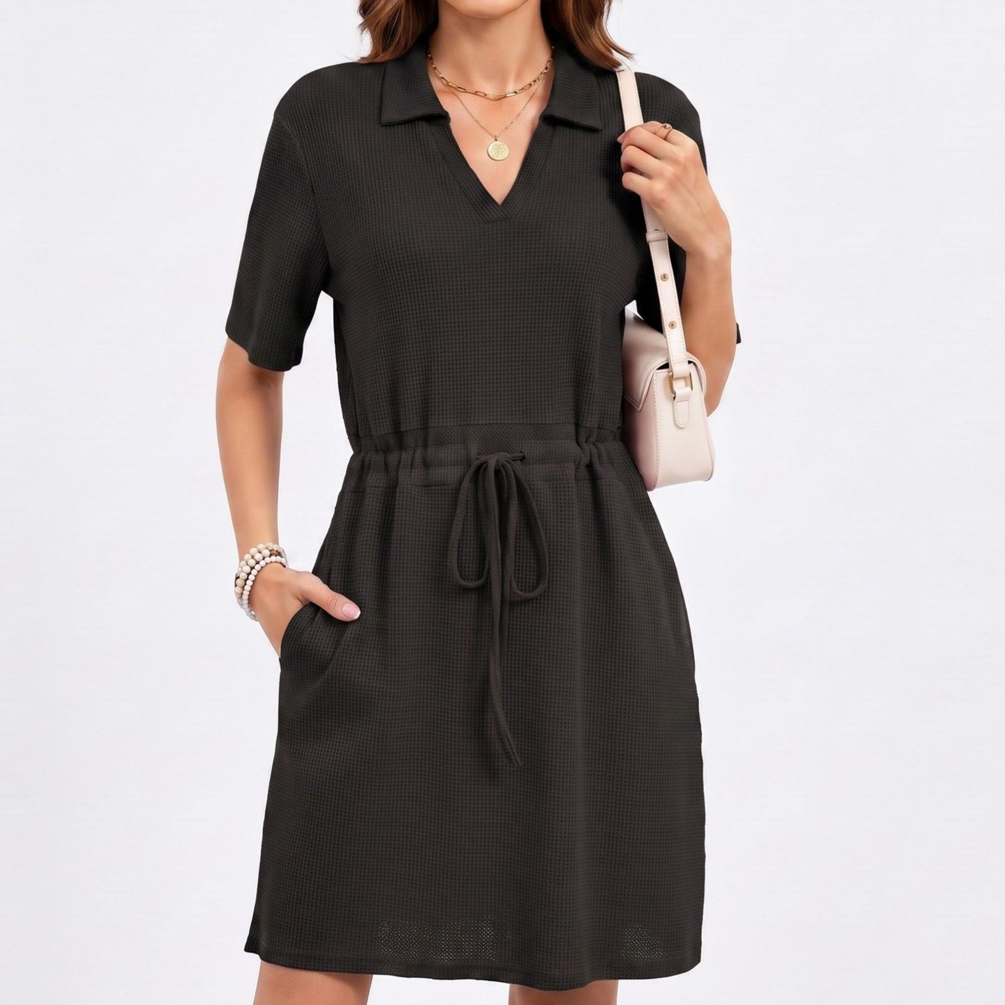 Waffle Knit Collared V-Neck Drawstring Short Dress