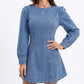 Long Sleeve Denim Mini Dress Puff Shoulder A Line Jean Dress