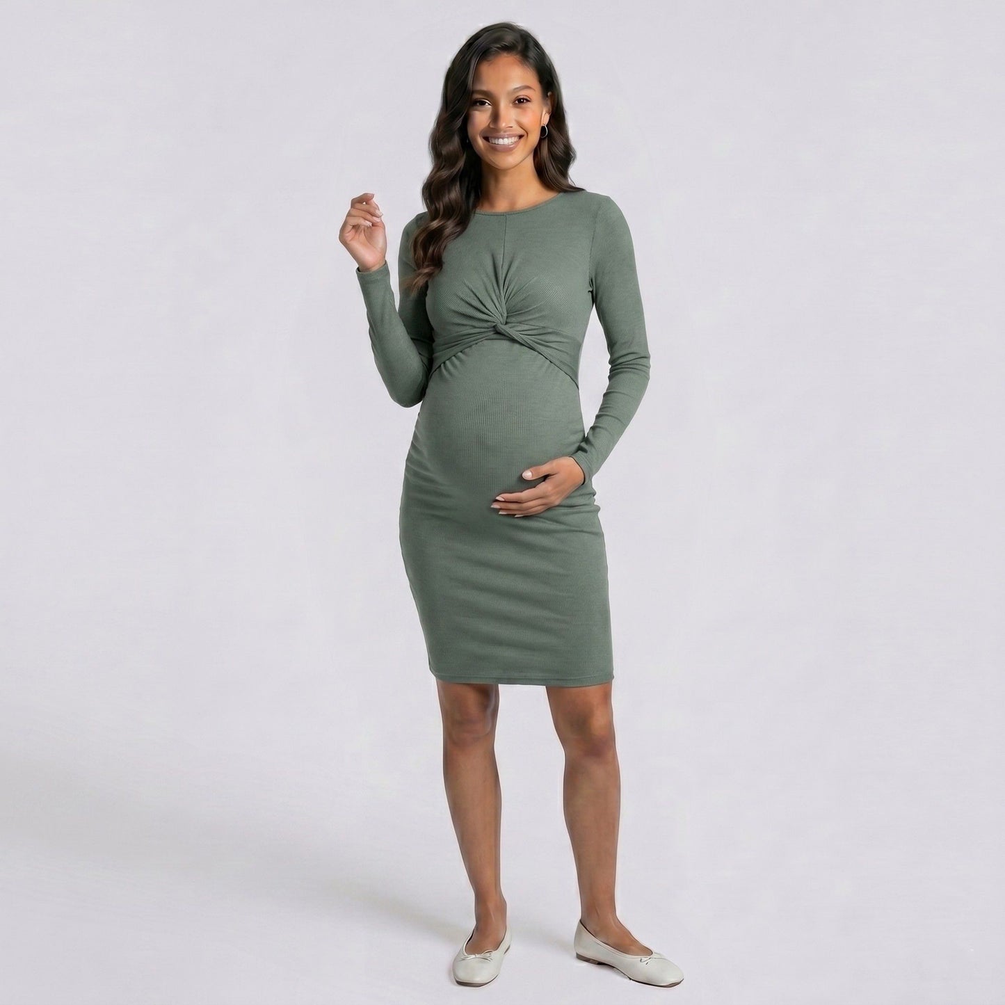 Maternity Ribbed Long Sleeve Bodycon Dress with Front Twist Detail