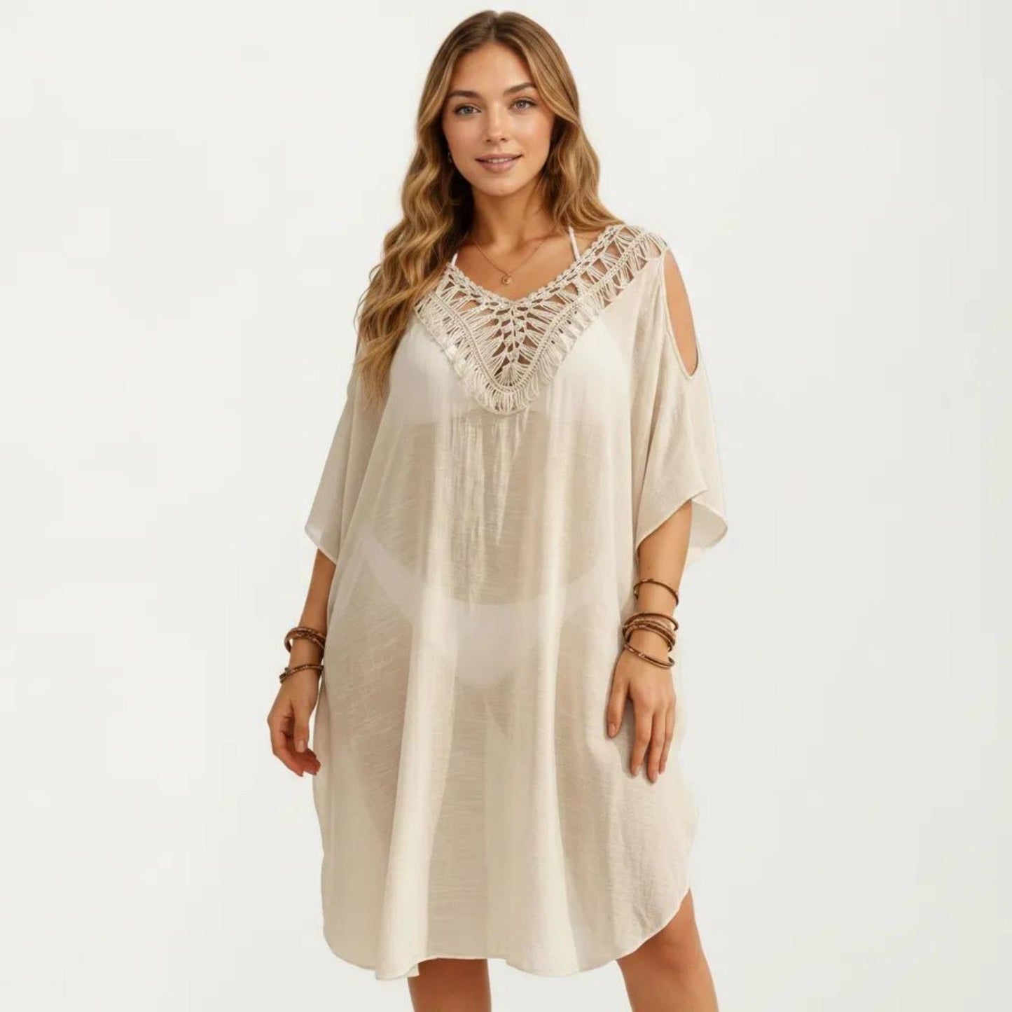Crochet V Neck Swim Cover Up Dress with Cold Shoulder Sleeves and Relaxed Fit