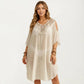 Crochet V Neck Swim Cover Up Dress with Cold Shoulder Sleeves and Relaxed Fit