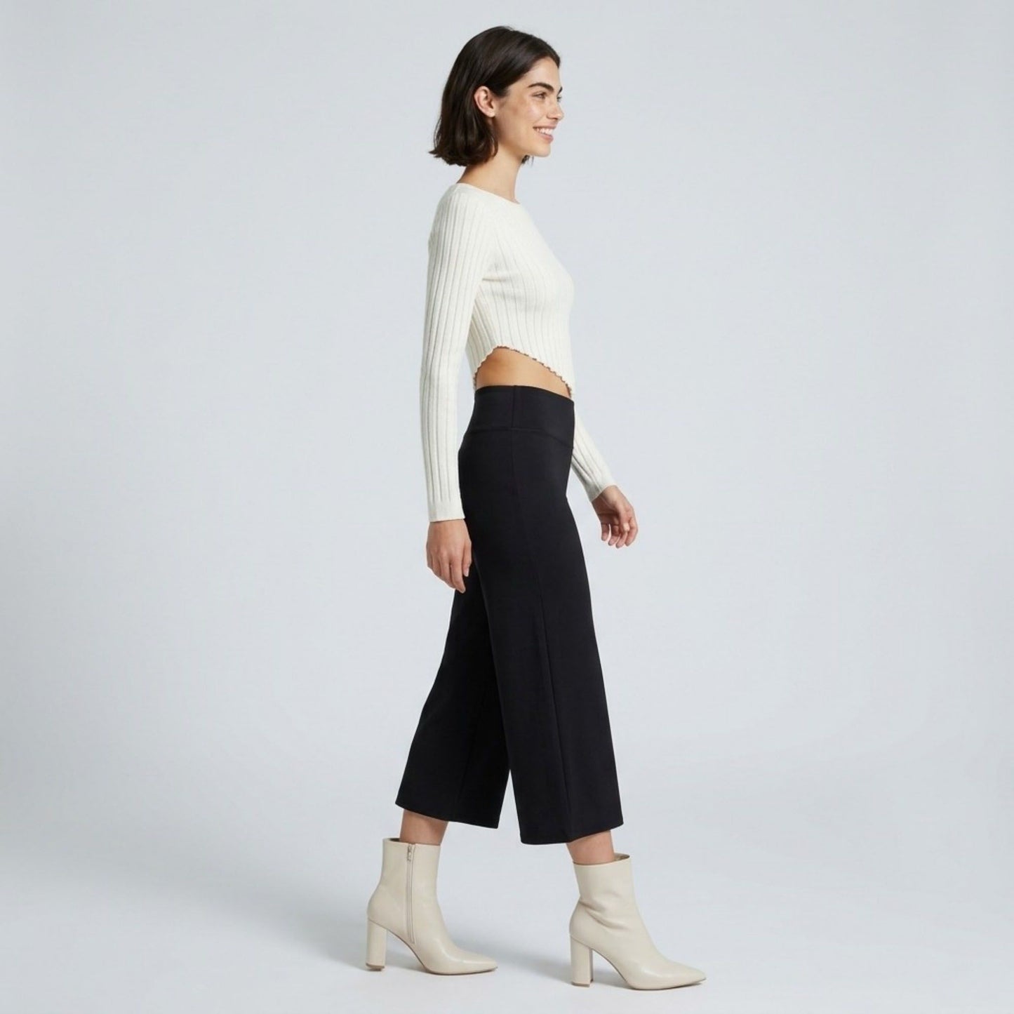 Foldover Waistband Cropped Wide-Leg Trousers