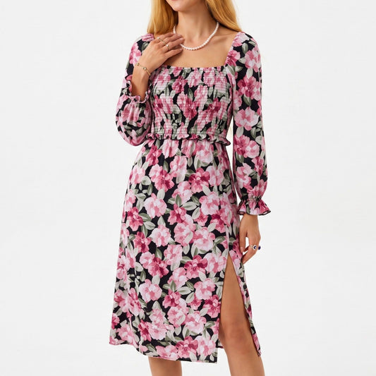 Floral Smocked Square Neck Long Sleeve Midi Dress