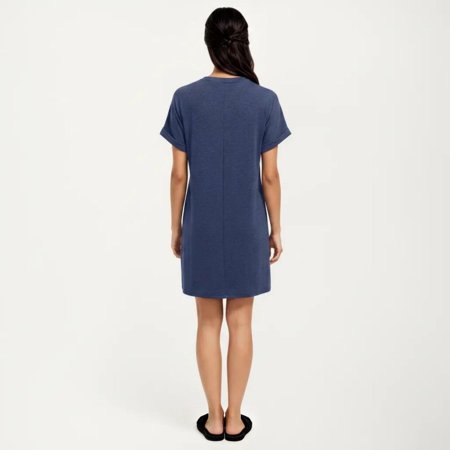 Short Sleeve V Neck Shift Dress with Button Detail Relaxed Fit Casual Tunic Dress