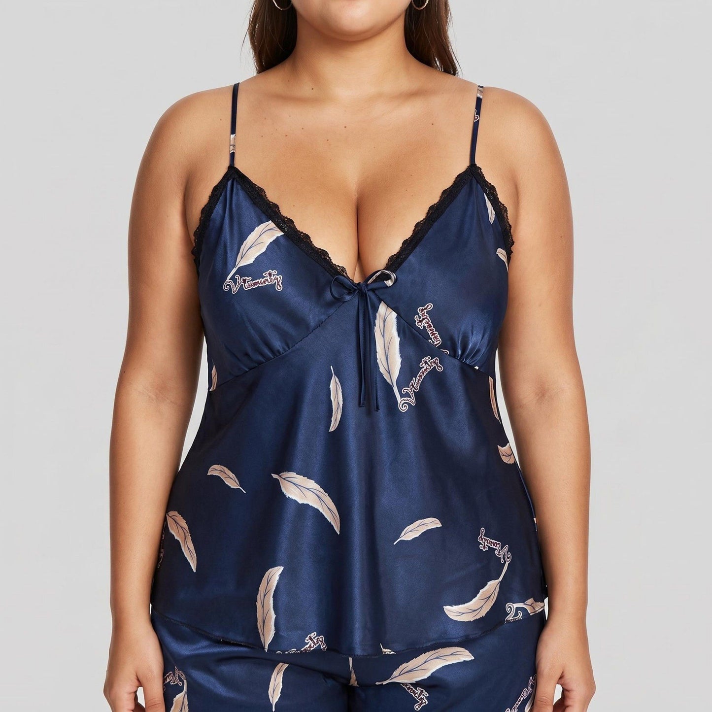 Plus Size 2-Piece Satin Pajama Set with Lace Trim Cami Top Adjustable Straps Relaxed Fit Shorts Sleepwear Set