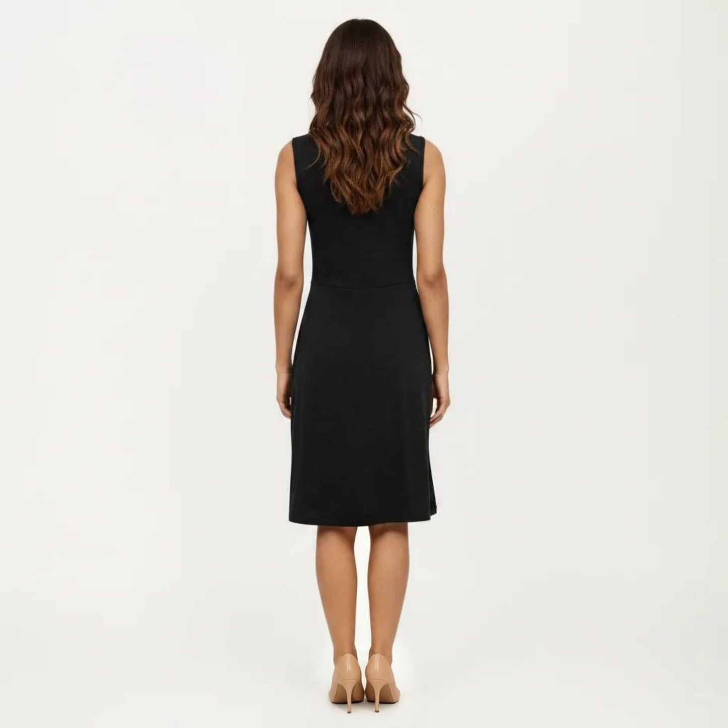 Sleeveless V Neck Midi Dress with Front Twist Detail and Flowy A Line Silhouette