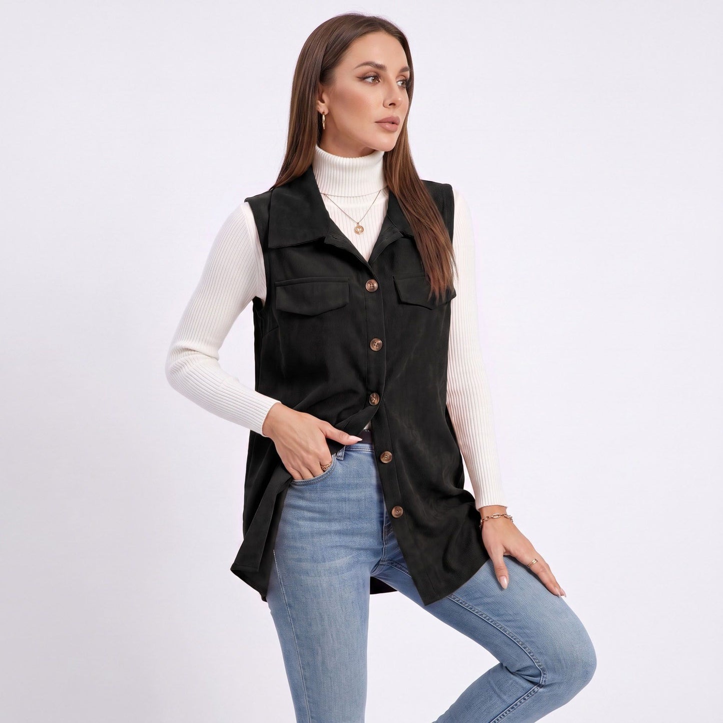 Button Front Corduroy Vest with Flap Pockets