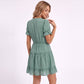 Swiss Dot V-Neck Lace Trim Tiered Ruffle Mini Dress