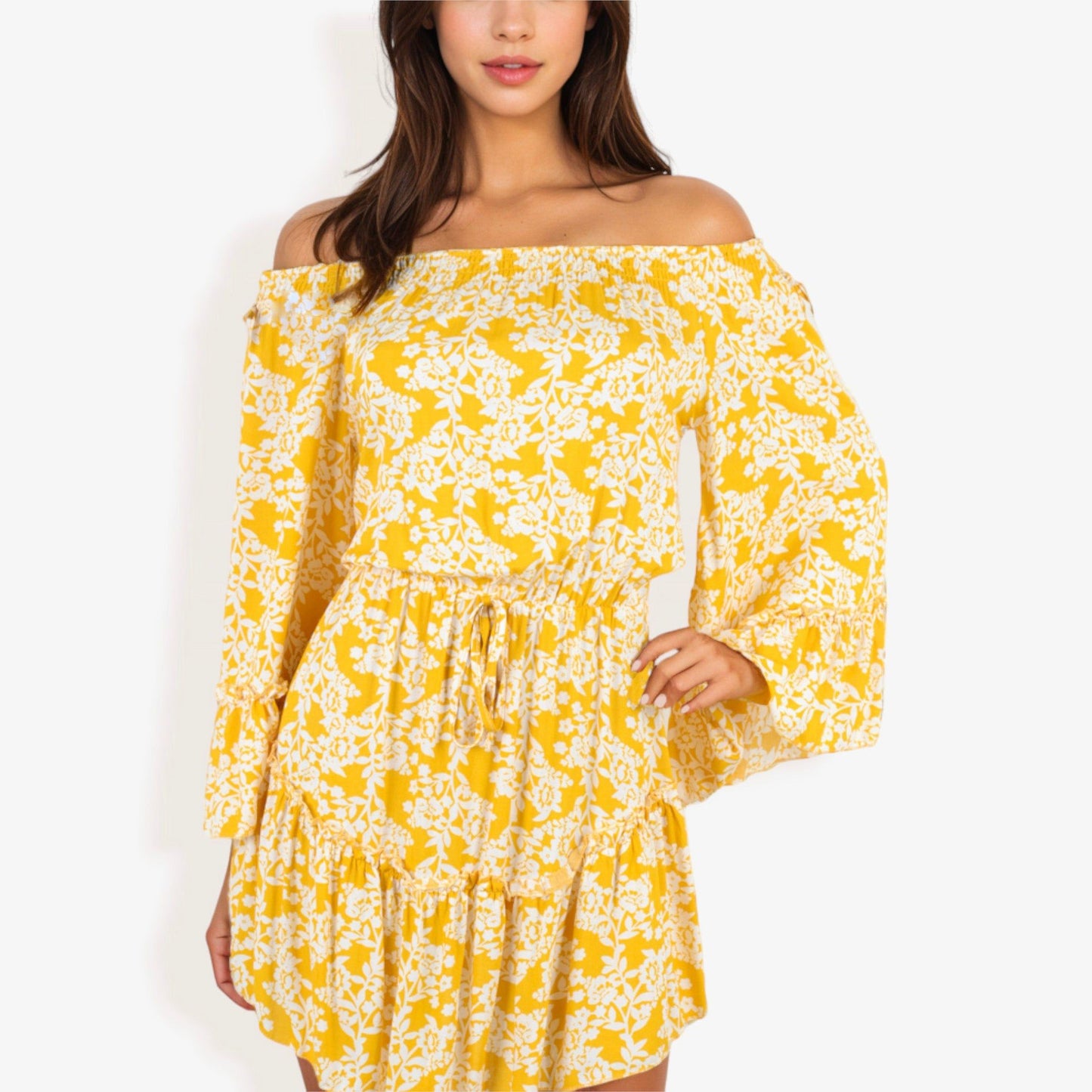 Off Shoulder Floral Print Dress Balloon Sleeves Ruffle Hem