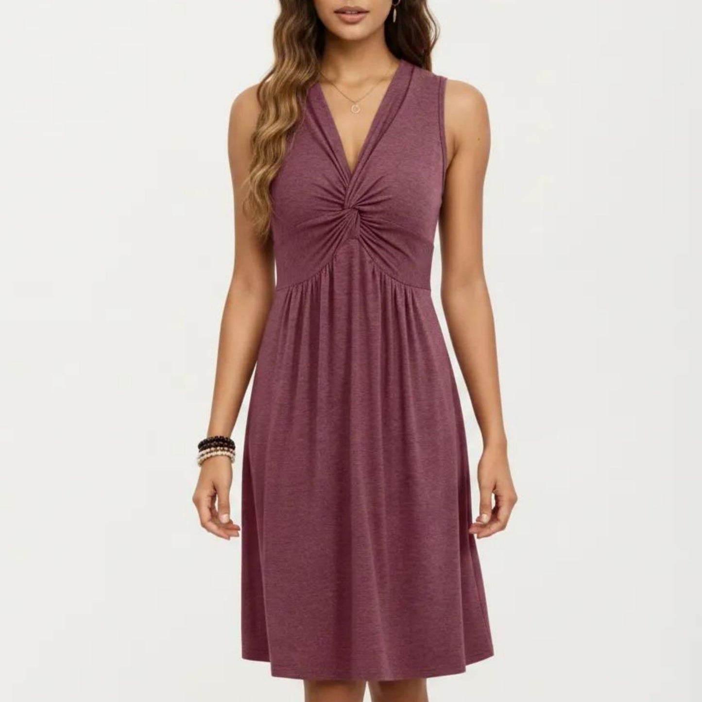 Sleeveless V Neck Midi Dress with Front Twist Detail and Flowy A Line Silhouette