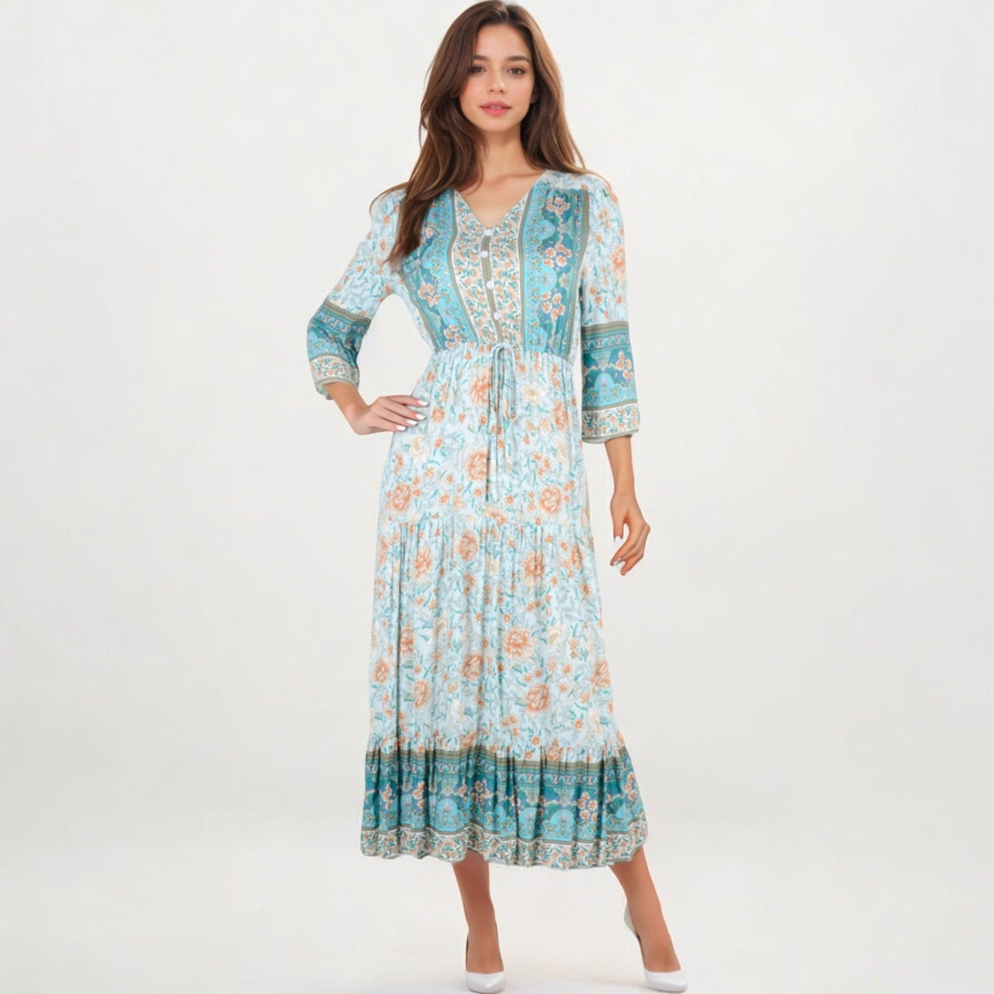 Bohemian Floral Midi Dress with 3/4 Sleeves Drawstring Waist