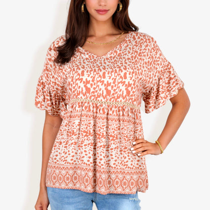 V-Neck Ruffle Sleeve Leopard Print Peplum Top Tiered Hem