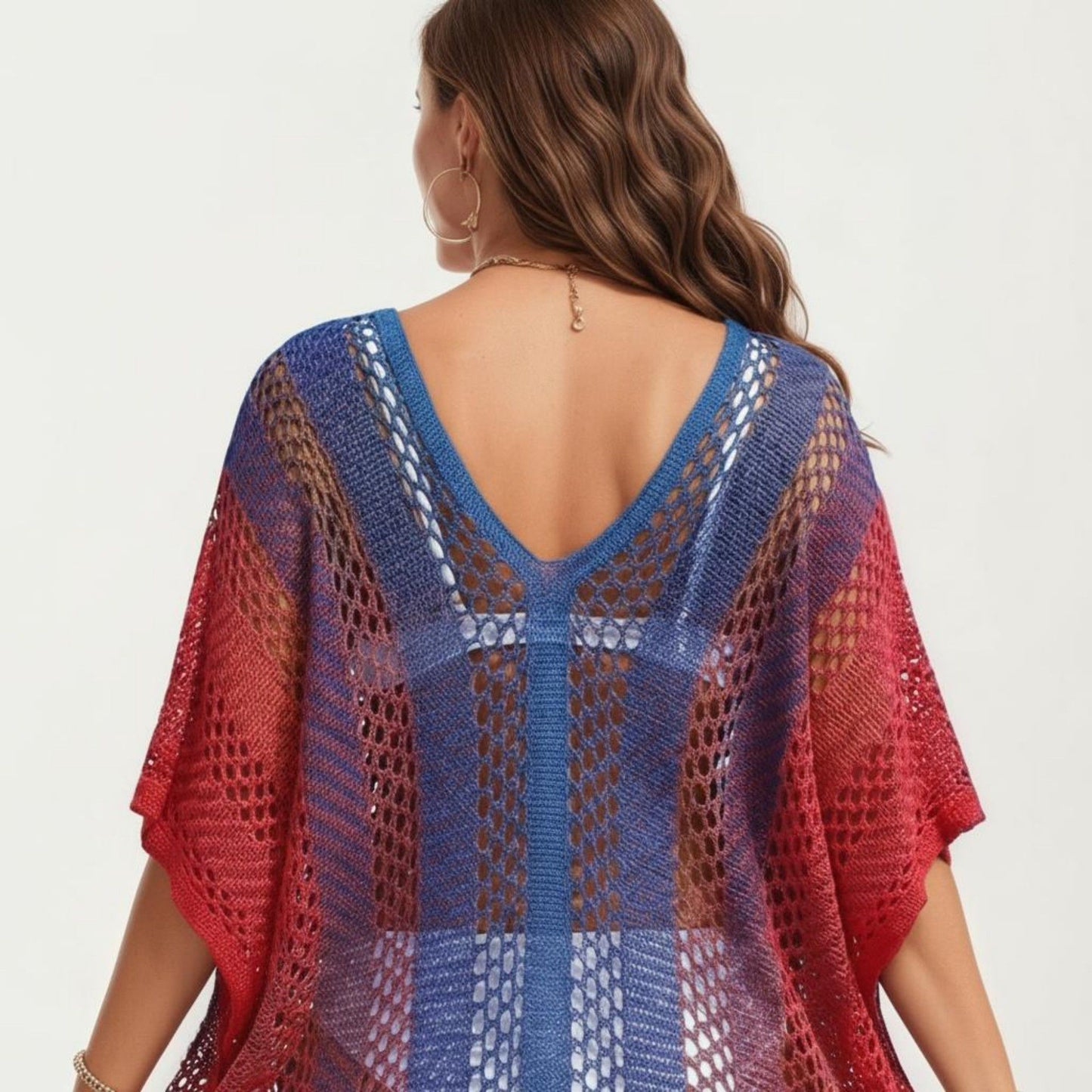 Ombre Crochet Swim Cover Up Dress with Open Knit Mesh Design V Neck Short Sleeves Relaxed Fit