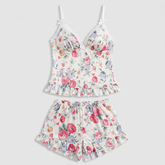 Floral Satin Ruffle Cami and Shorts Lingerie Set