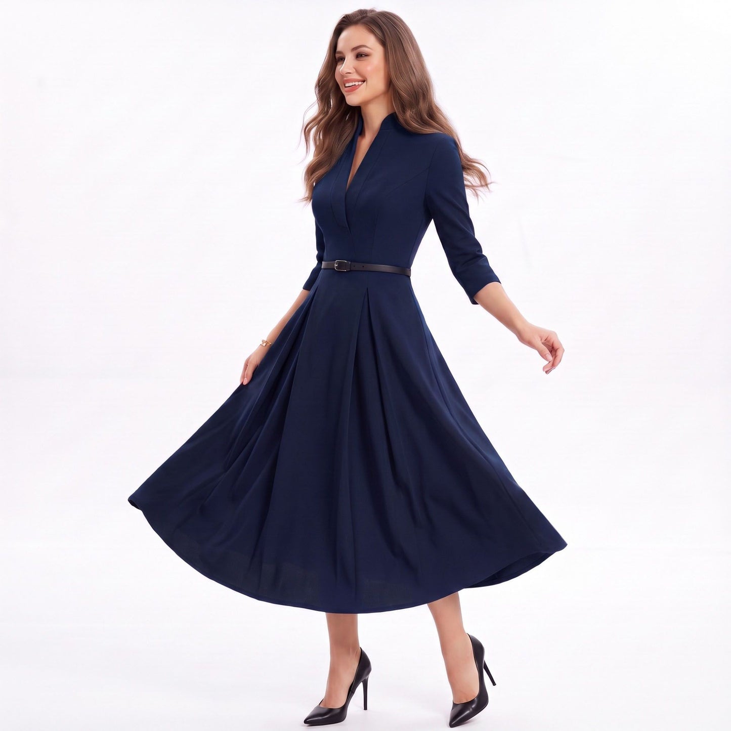 Three Quarter Sleeve Belted Midi Dress with Pleated A Line Skirt