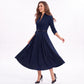 Three Quarter Sleeve Belted Midi Dress with Pleated A Line Skirt