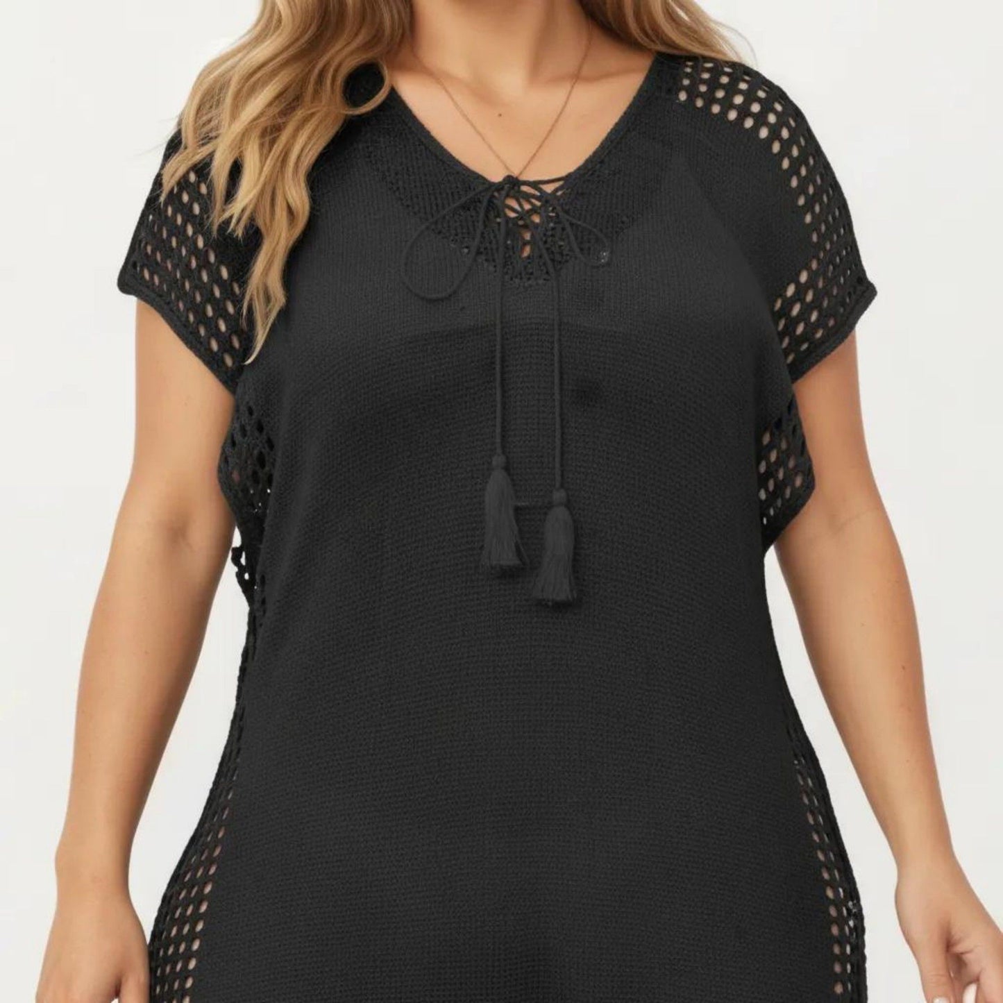 Knit Swim Cover Up Dress with Tassel Tie Neck Open Knit Trim and Relaxed Short Sleeves