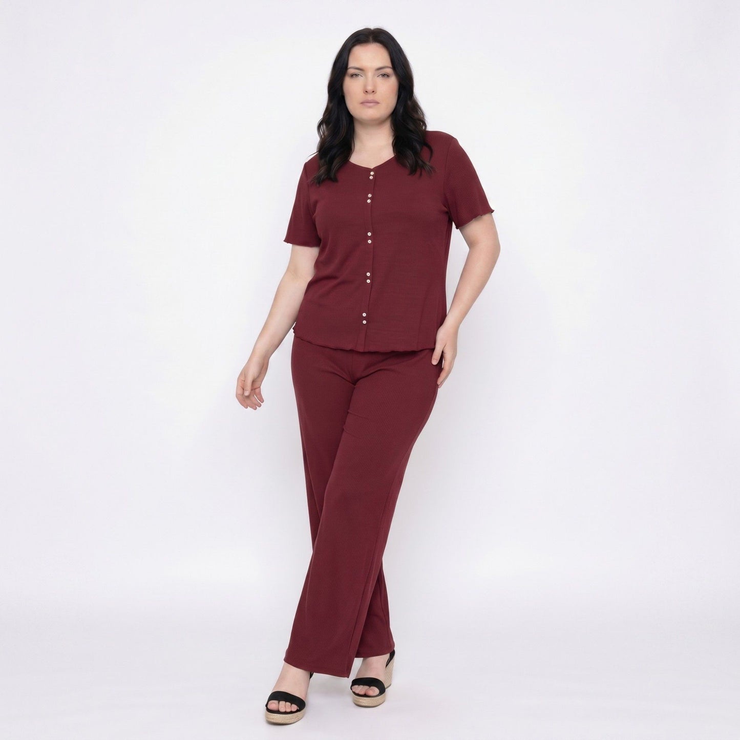 Plus Size 2-Piece Short Sleeve Button Front Pajama Top and Wide Leg Pants Sleepwear Lounge Set
