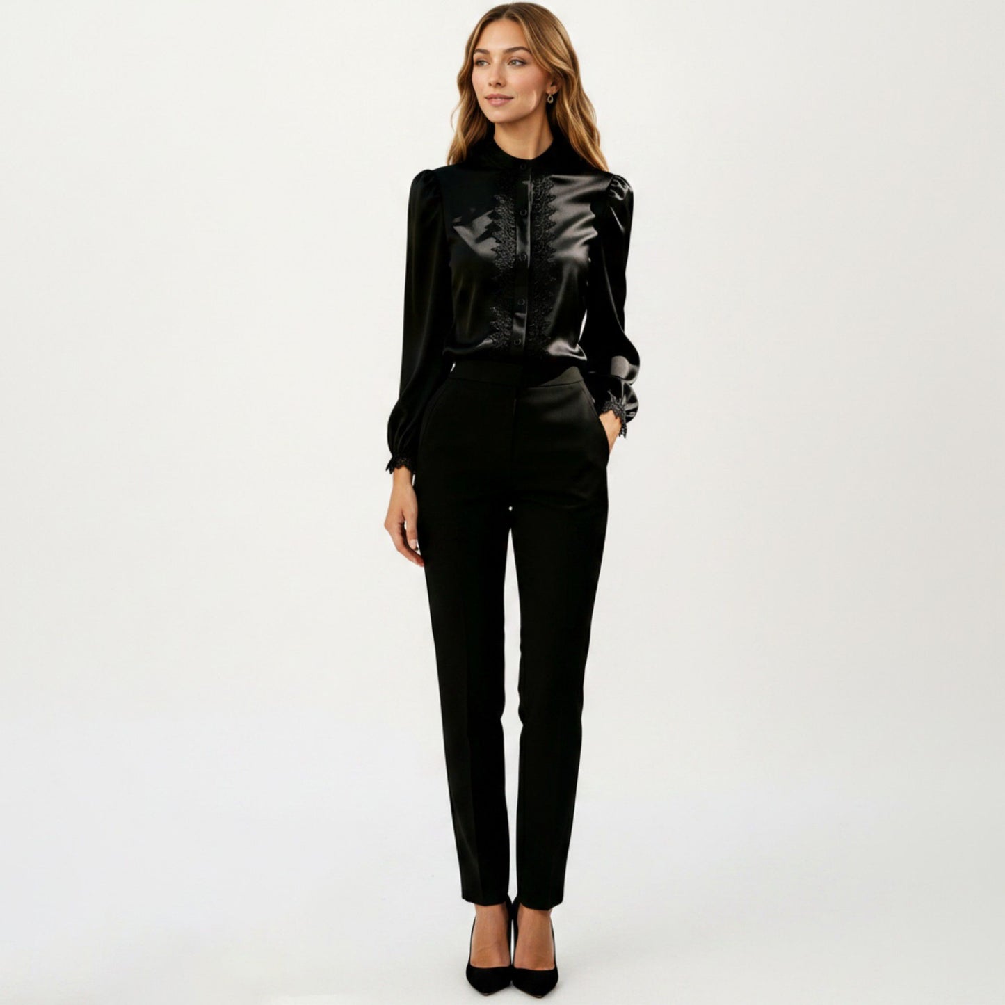 Long Sleeve Blouse with Lace Trim Front and Puff Sleeve Cuffs