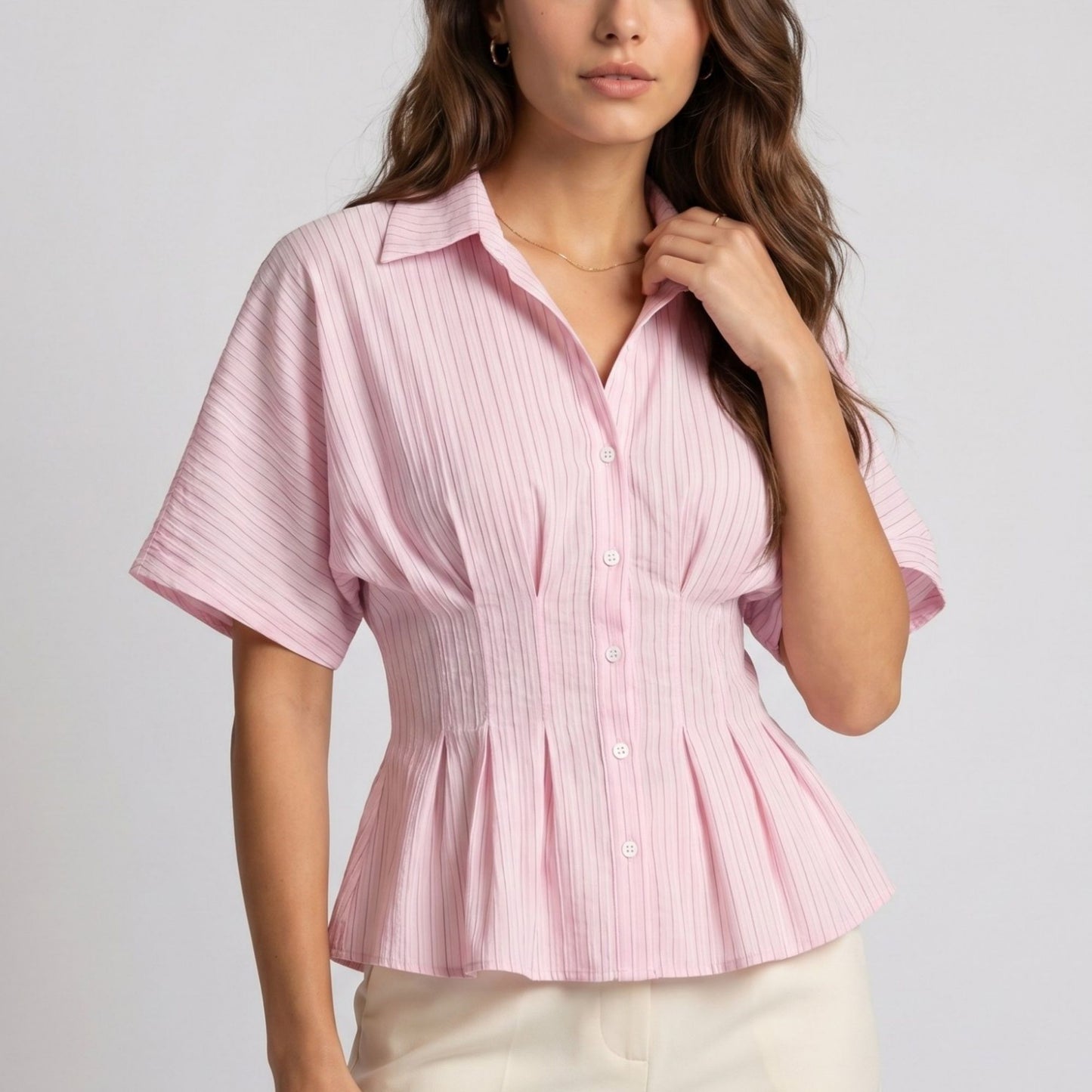 Striped Button Front Peplum Blouse with Collared Neck and Pleated Hem