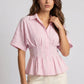 Striped Button Front Peplum Blouse with Collared Neck and Pleated Hem