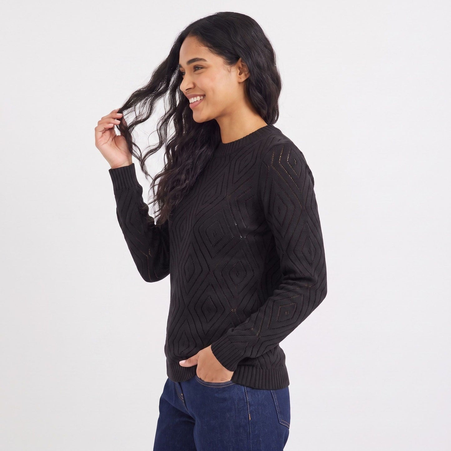 Diamond Pointelle Knit Long Sleeve Sweater