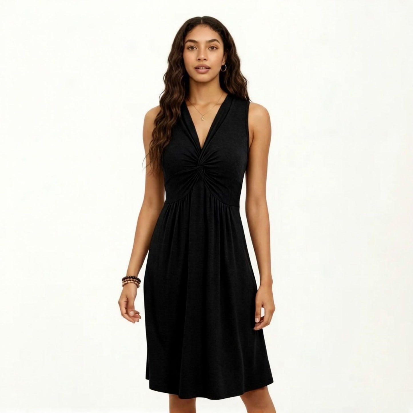 Sleeveless V Neck Midi Dress with Front Twist Detail and Flowy A Line Silhouette
