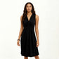 Sleeveless V Neck Midi Dress with Front Twist Detail and Flowy A Line Silhouette