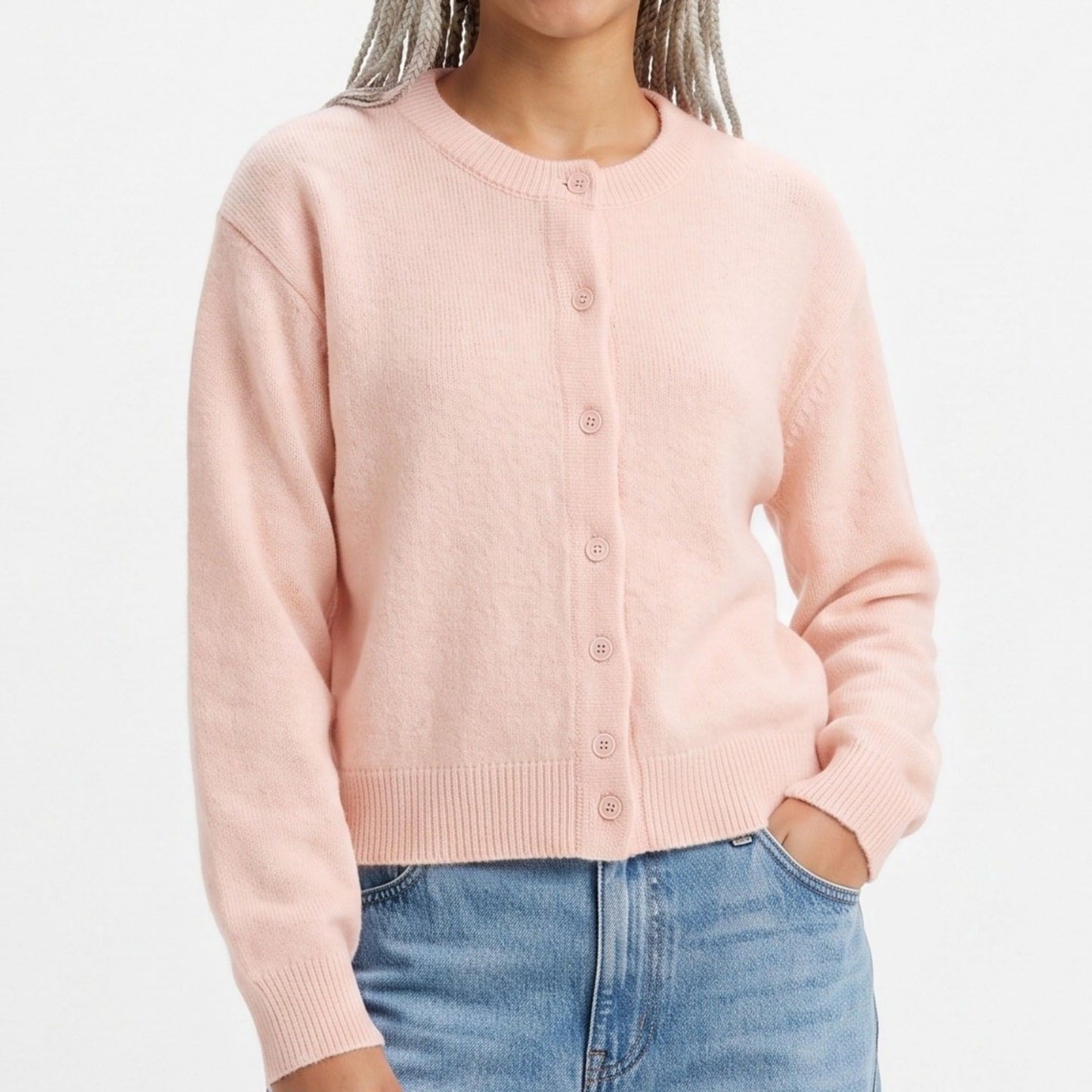 Crewneck Button-Front Knit Cardigan Sweater