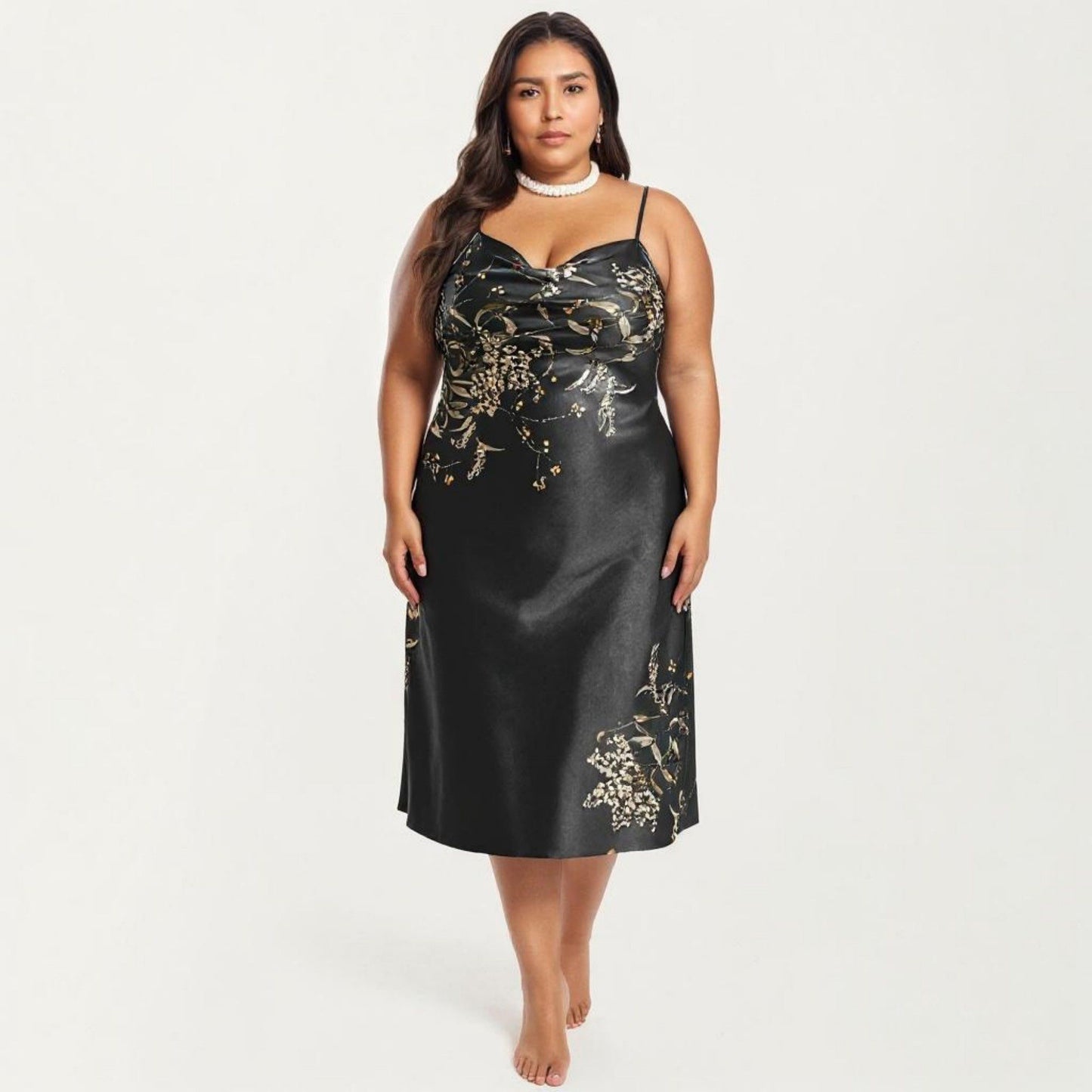 Plus Size Satin Floral Slip Nightgown with Adjustable Spaghetti Straps Cowl Neck Midi Length Sleepwear Dress
