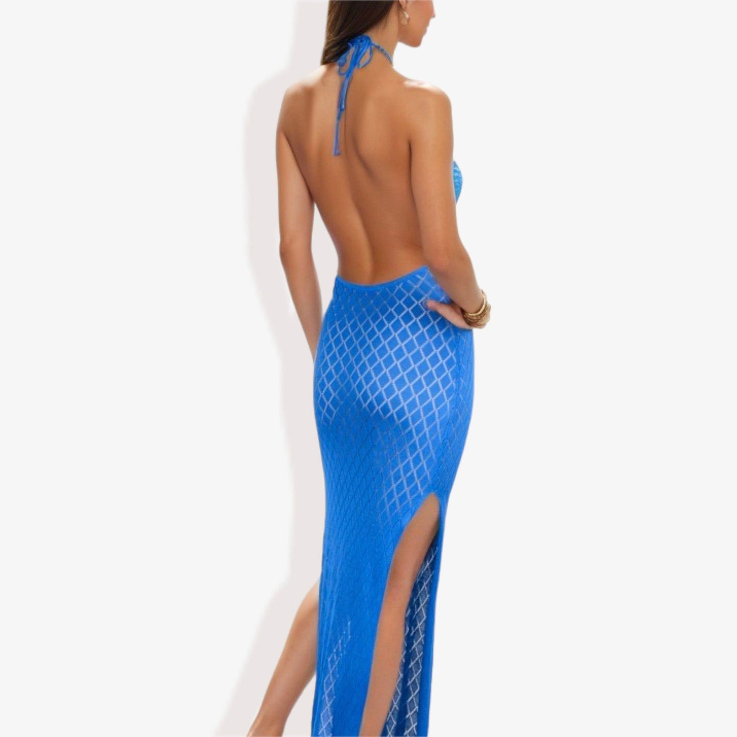 Halter Neck Fishnet Maxi Dress With Side Slits