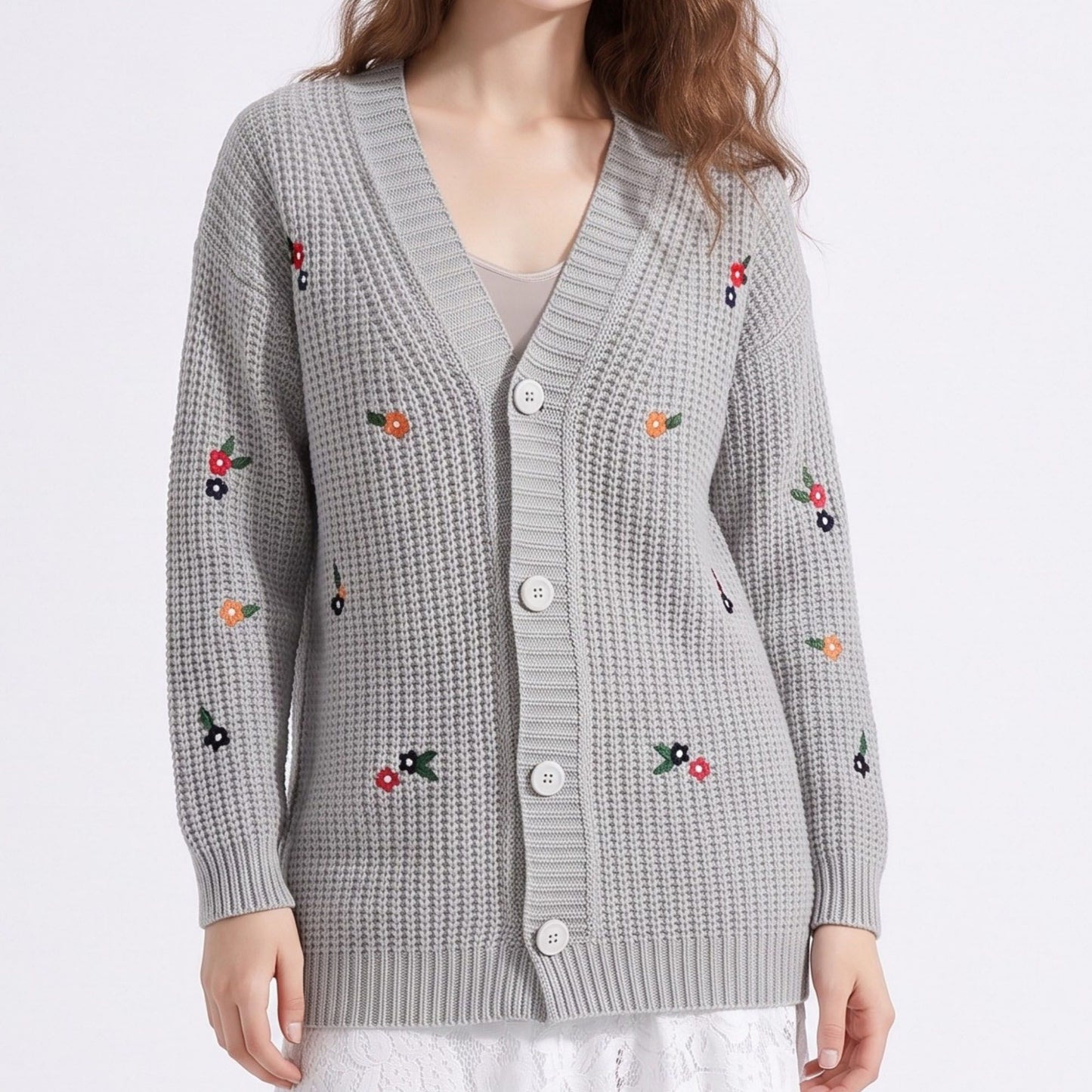 Floral Embroidered Button Front Cardigan