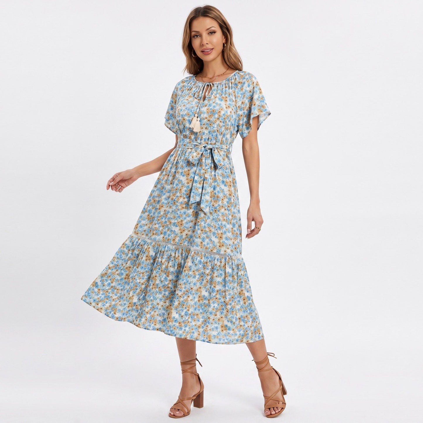 Floral Print Midi Dress with Tie Neck Short Flutter Sleeves Belted Waist and Tiered Hem