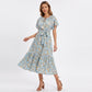 Floral Print Midi Dress with Tie Neck Short Flutter Sleeves Belted Waist and Tiered Hem