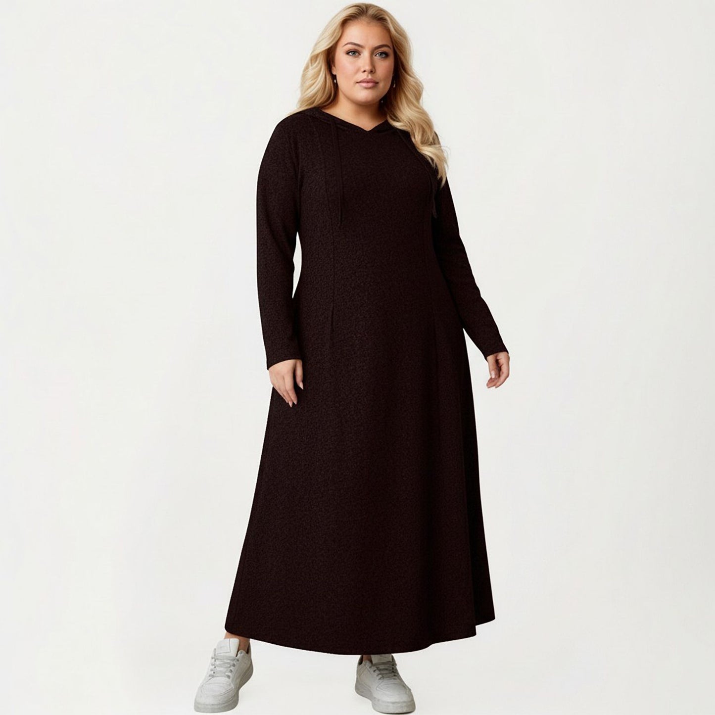 Plus Size Long Sleeve Hooded Maxi Dress with Relaxed Fit Silhouette and Soft Flowy Hem