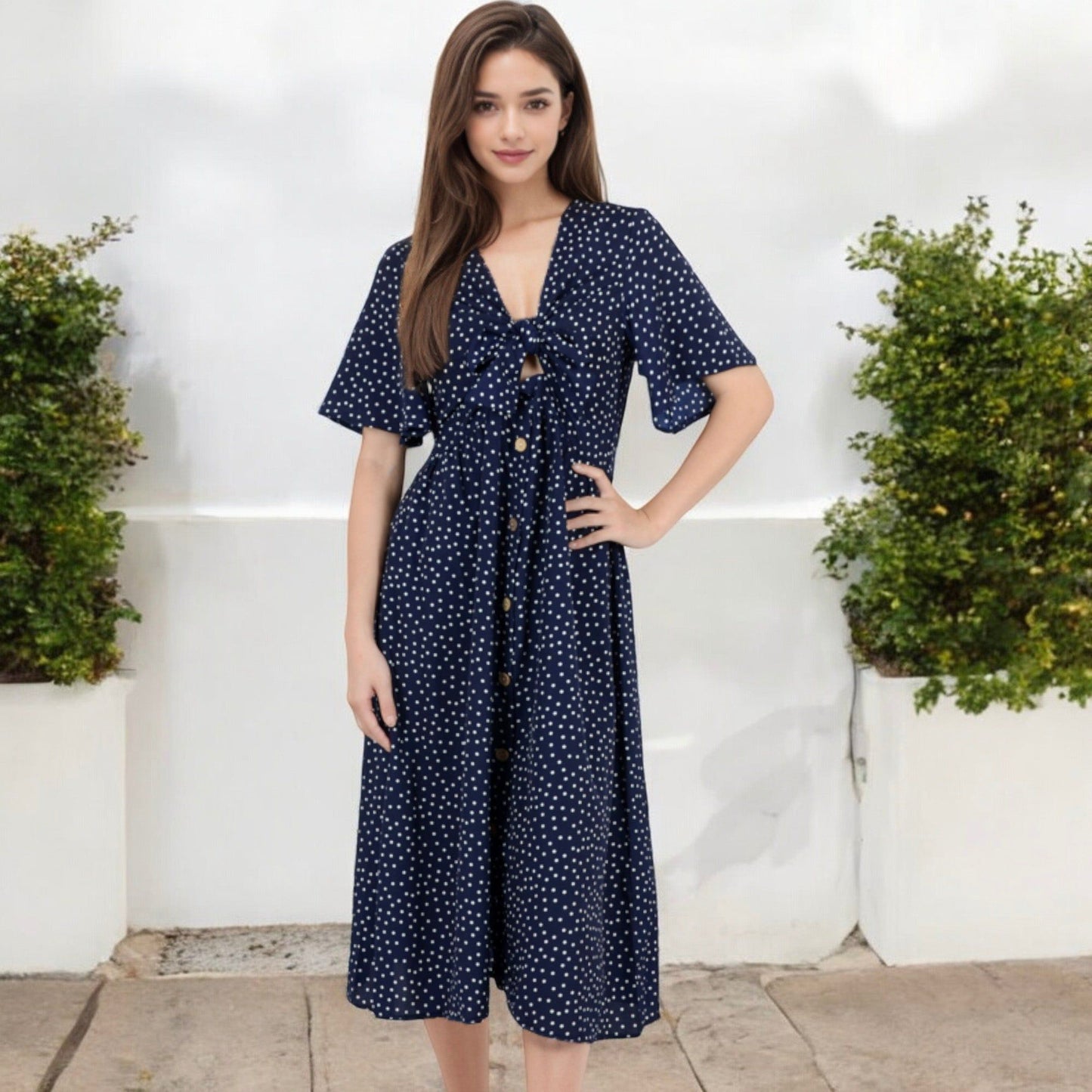 Polka Dot Midi Dress with Front Tie and Short Sleeves