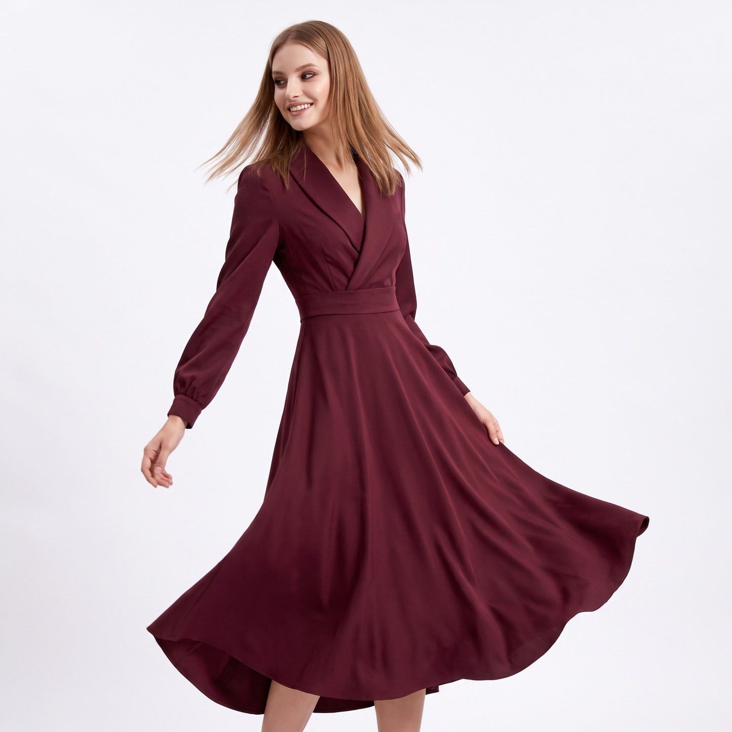 Long Sleeve Notched Collar Midi Dress with Defined Waist and Flared Skirt