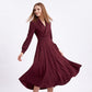 Long Sleeve Notched Collar Midi Dress with Defined Waist and Flared Skirt