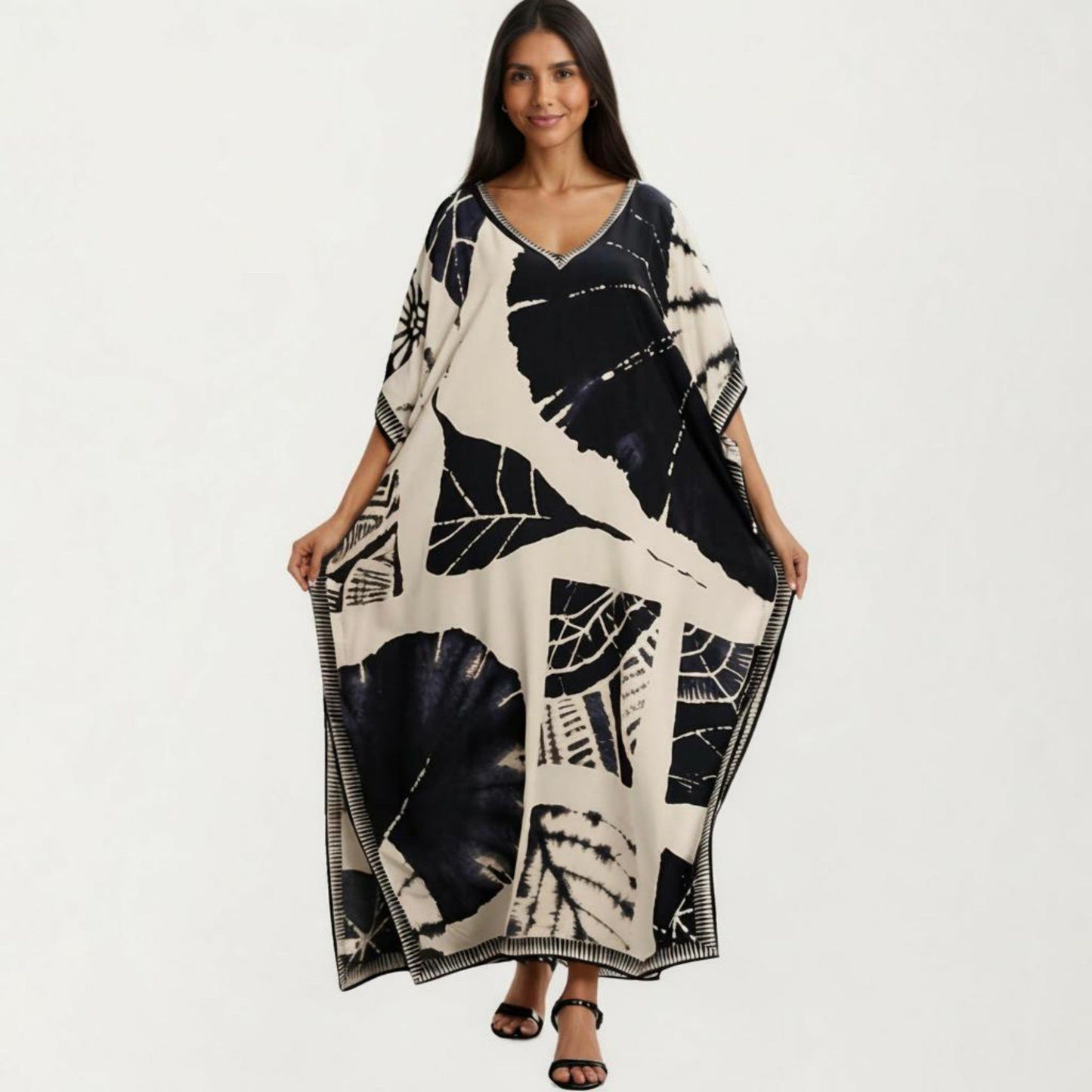Abstract Print Maxi Caftan Dress with V-Neckline Short Sleeves and Relaxed Draped Silhouette