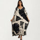 Abstract Print Maxi Caftan Dress with V-Neckline Short Sleeves and Relaxed Draped Silhouette